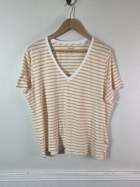 Madewell Womens 2X Yellow White Striped V Neck Tee Organic Cotton Short Sleeve